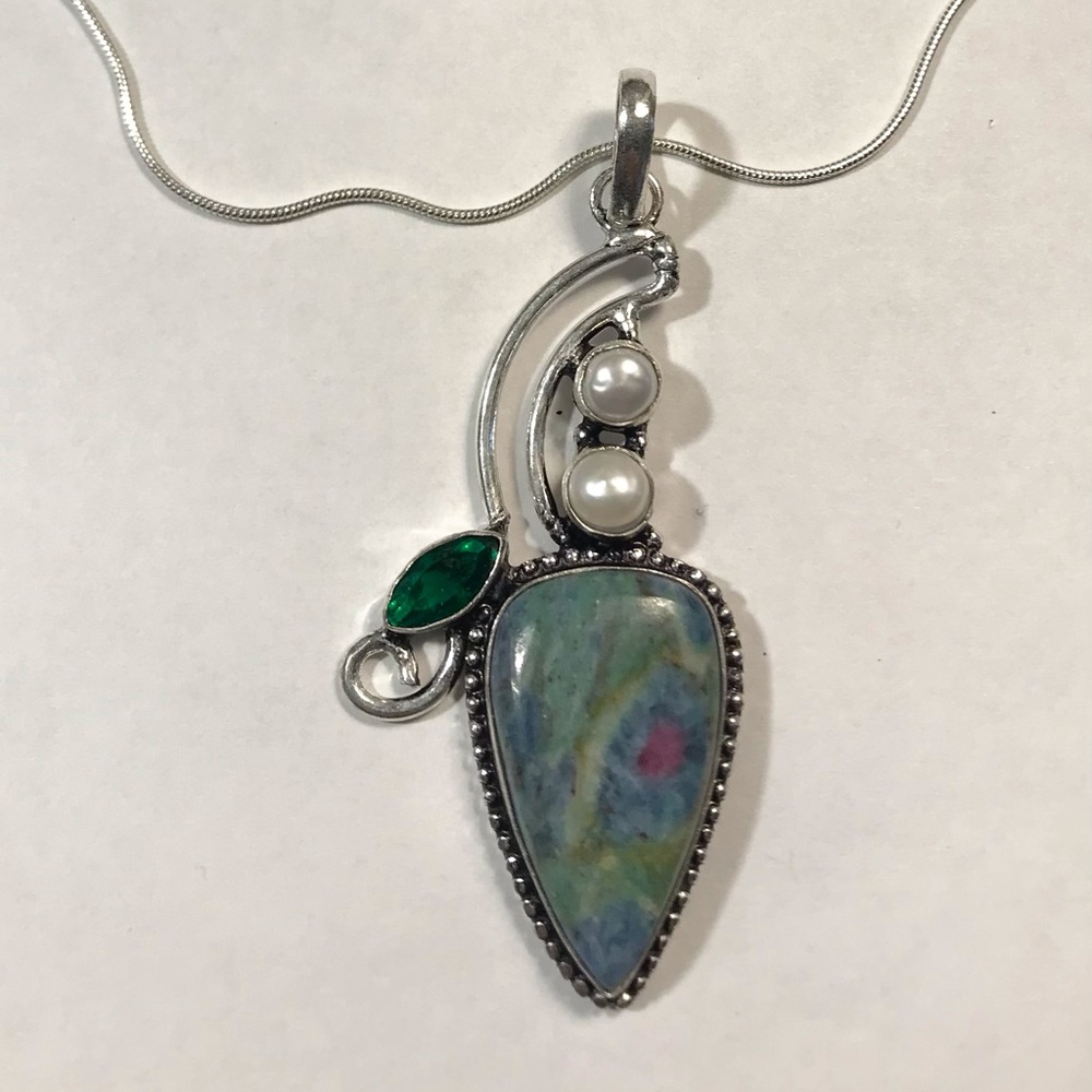 Ruby Fuchsite Tsavorite Pearl Stamped 925 Sterling Silver Necklace